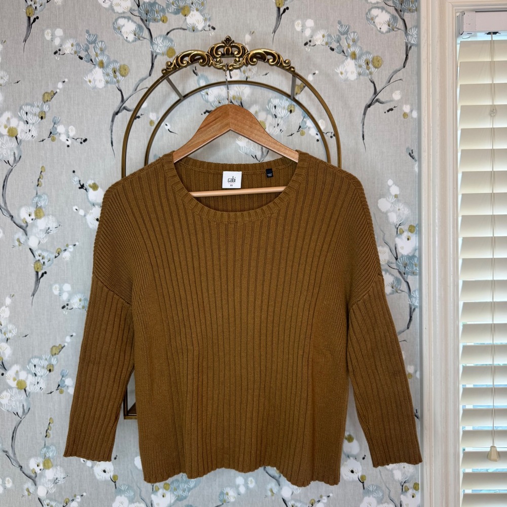 Cabi 3364 Busy Sweater Womens XS Brown Ribbed Knit Crew Neck 3/4 Sleeve Pullover